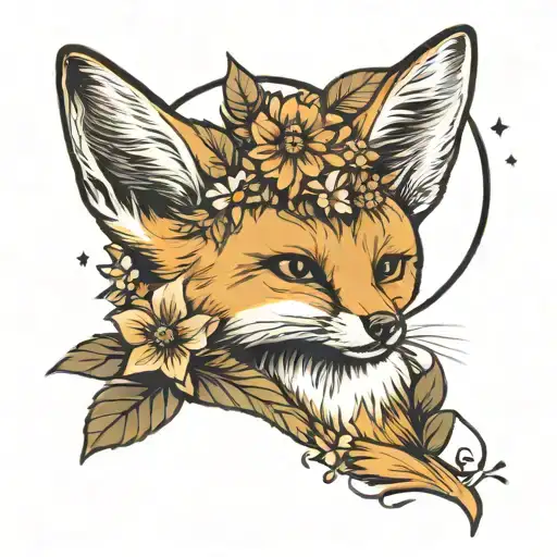 fennec fox with flowers and a small moon and sun tattoo design idea