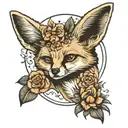 fennec fox with flowers and a small moon and sun tattoo design idea