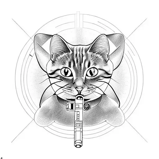 lightsaber, music , cat, balance , fine line tattoo design idea