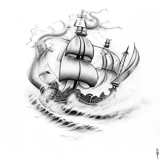 pirate ship in a fierce storm, skill achor with octopus, shellback  king neptune tattoo design idea