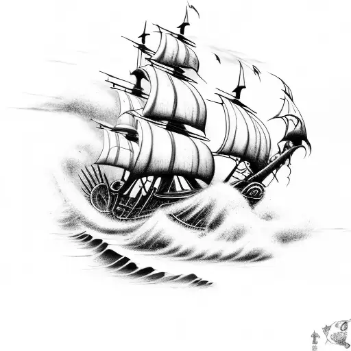 pirate ship in a fierce storm, skill achor with octopus, shellback  king neptune tattoo design idea