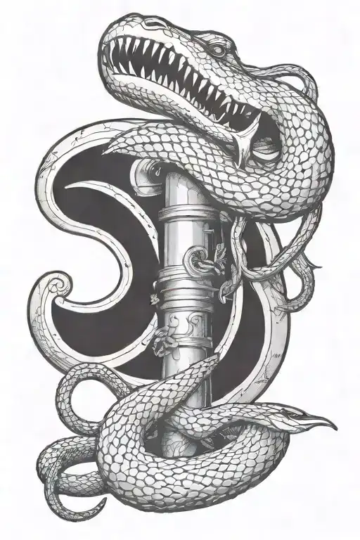 a snake coiled around a shotgun barrel that shot out dice smoke around barrel and facing down   tattoo design idea