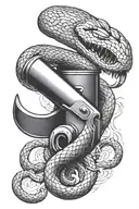 a snake coiled around a shotgun barrel that shot out dice smoke around barrel and facing down   tattoo design idea