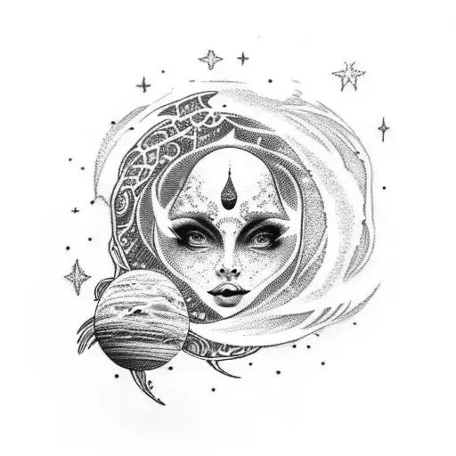 A dotwork tattoo of Venus emerging from a cosmic ocean tattoo design idea