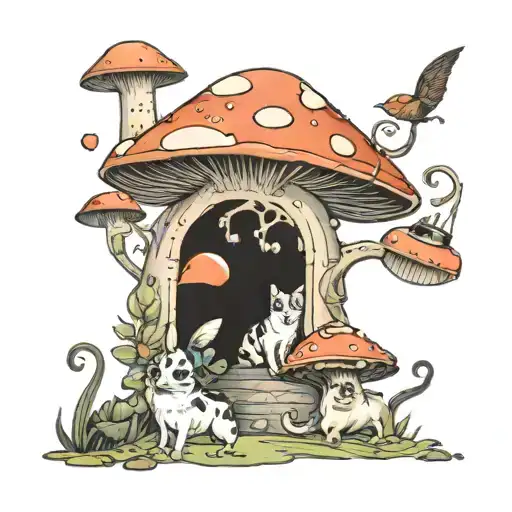 A whimsical scene of a mushroom, dog, and cat frolicking in a farm setting tattoo design idea
