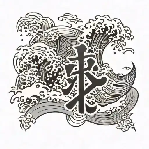 A black-grey tattoo of a Japanese kanji symbol for interpreter with waves crashing on a beach tattoo design idea