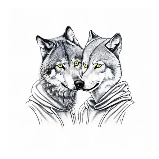 tom oƒ finnland inspired guy wearin read hoody kissing a guy with  a wolf´s head tattoo design idea