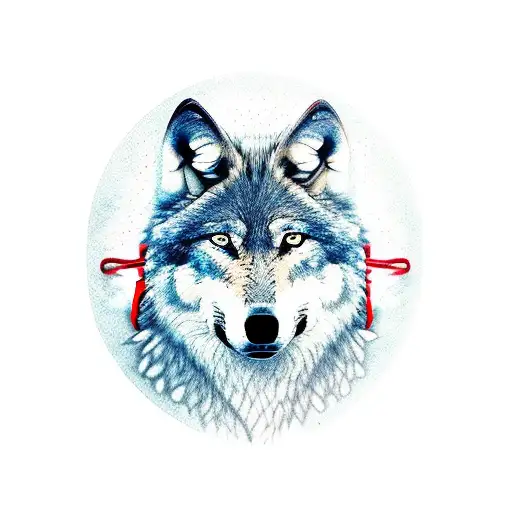 wolf blindfolded with red scarf tattoo design idea