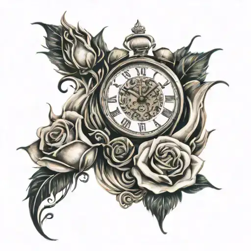 roses in flame, clock, two name bands, ring   tattoo design idea
