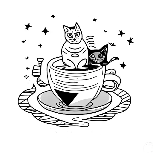 A stack of books with a cup of coffee on top, surrounded by cats and a crescent moon tattoo design idea