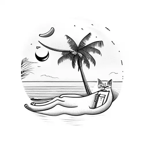 A beach scene with a cat lounging under a palm tree, reading a book and sipping coffee, with a crescent moon in the sky tattoo design idea