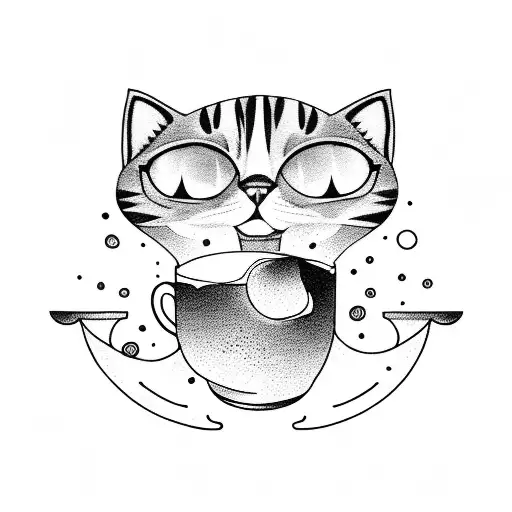 A cat sitting on a pile of books, with a cup of coffee and the moon in the background tattoo design idea