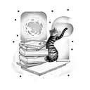 A cat sitting on a pile of books, with a cup of coffee and the moon in the background tattoo design idea