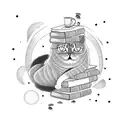 A cat sitting on a pile of books, with a cup of coffee and the moon in the background tattoo design idea