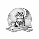 A cat sitting on a pile of books, with a cup of coffee and the moon in the background tattoo design idea