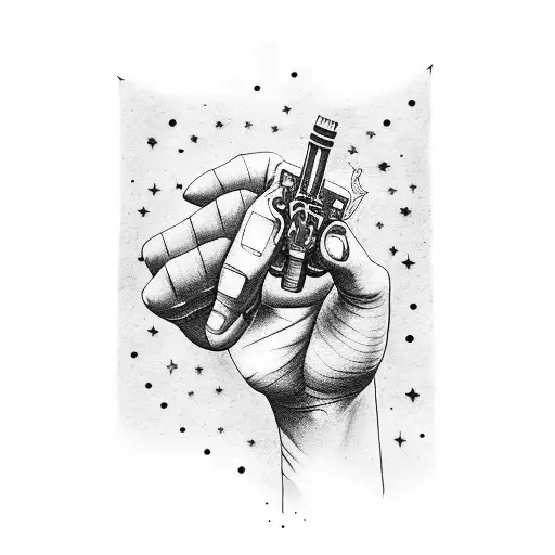 Black power fist holding a constellation revolver tattoo design idea