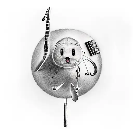 A realistic tattoo design of Kirby playing a musical instrument, surrounded by sound waves tattoo design idea