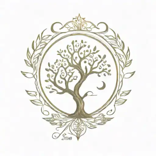 tree of life, sun and moon, unamole, crown with inscription tattoo design idea