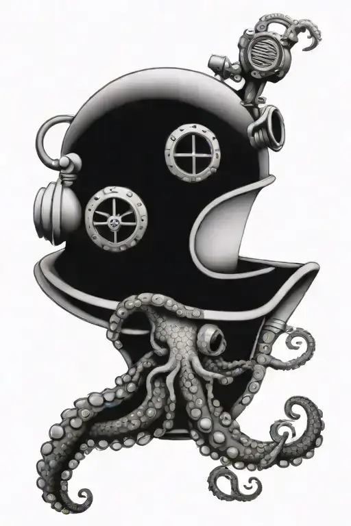 A detailed black and grey tattoo of a majestic octopus wrapping around a vintage diving helmet, symbolizing your love for scuba diving and the ocean tattoo design idea