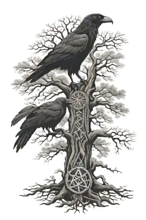 vegvisir, valknut, yggdrasil tree with 2 raven tattoo design idea
