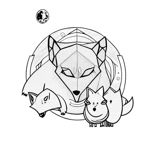 lonely cute wolf with fox running on earth planet  tattoo design idea