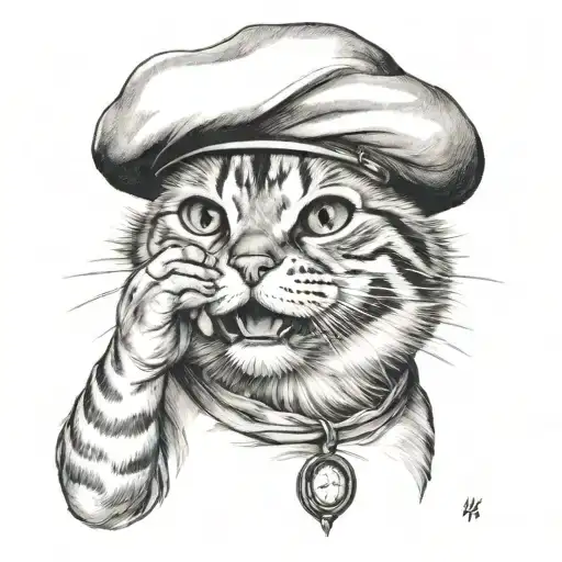cat wearing beret smoking cigarette tattoo design idea