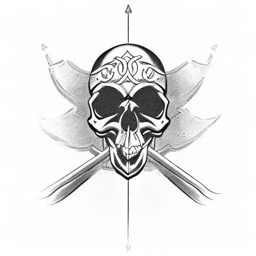 A black and grey tattoo design of a skull wearing a pirate hat with a rose. Under the skull there are two swords tattoo design idea