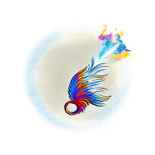 A paintbrush and a quill pen crossed together, with a phoenix silhouette in the background. tattoo design idea