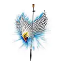 A paintbrush and a quill pen crossed together, with a phoenix silhouette in the background. tattoo design idea