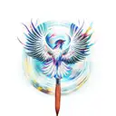 A paintbrush and a quill pen crossed together, with a phoenix silhouette in the background. tattoo design idea