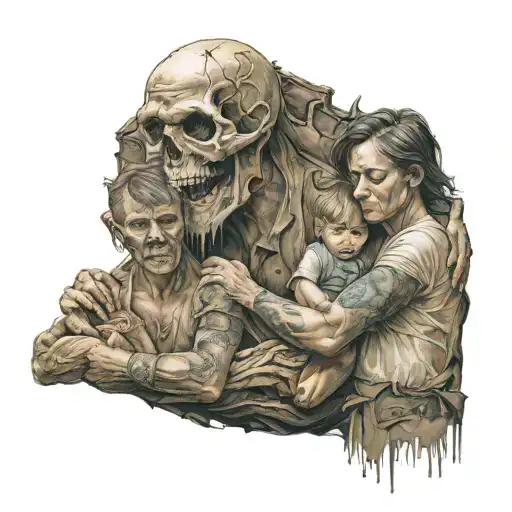 A family of three under the hand of God, this family is in a completely destroyed scenario.   tattoo design idea