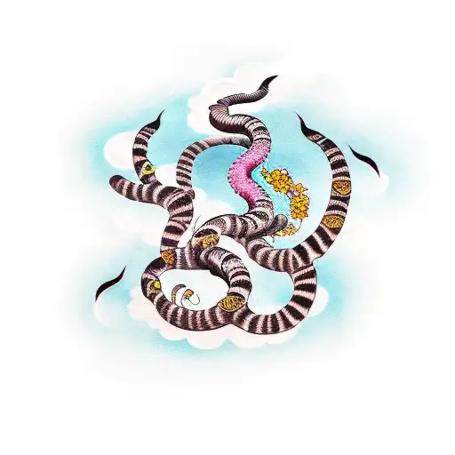 tiger snake flowers samurai clouds smoke moon cherry blossom wind tattoo design idea