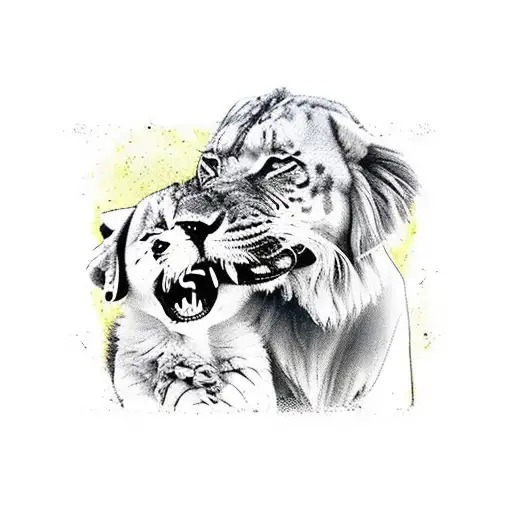padre y hijo mezclado con un leon y un cachorro tattoo design idea