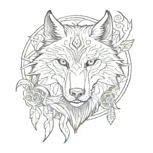 line tattoo of a wolf and raven viking style  tattoo design idea