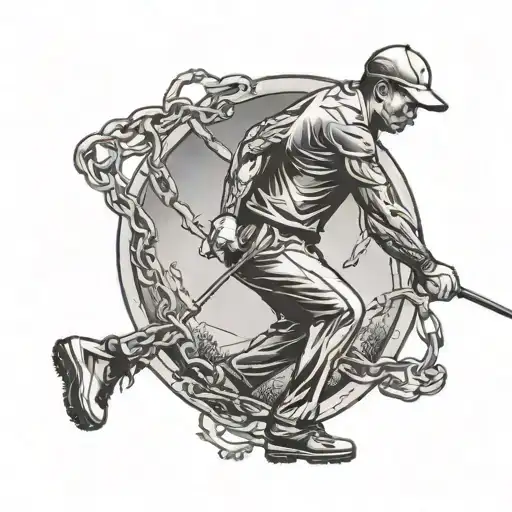 A golfer swinging a club with a broken chain wrapped around it, representing perseverance through challenges tattoo design idea