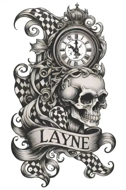 the name Layne with a clock face and checkered flags  tattoo design idea