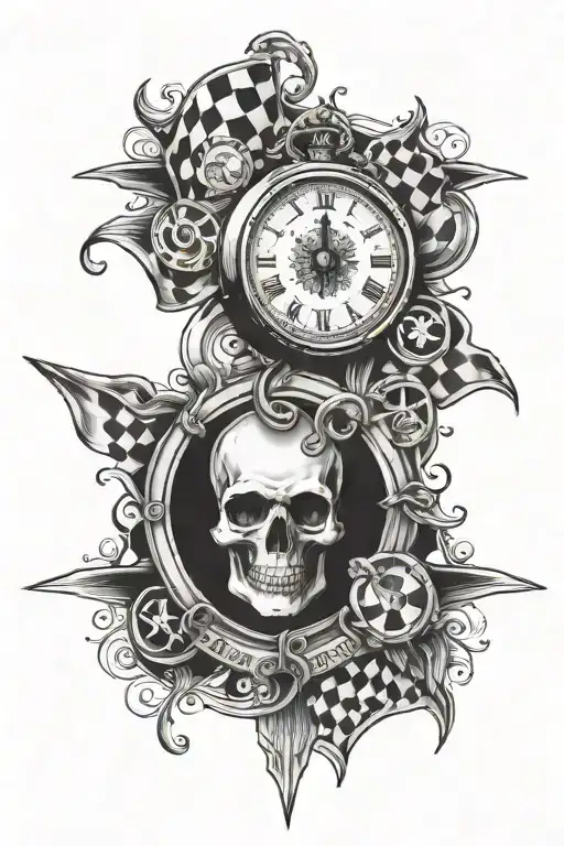 the name Layne with a clock face and checkered flags with no skulls   tattoo design idea