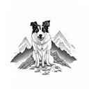 A loyal border collie sitting on a cliff edge, overlooking a vast mountain range tattoo design idea