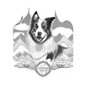 A loyal border collie sitting on a cliff edge, overlooking a vast mountain range tattoo design idea