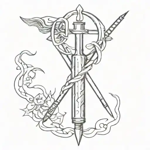 A sketch style tattoo of a satanic symbol intertwined with a syringe, representing the love for pervitin tattoo design idea