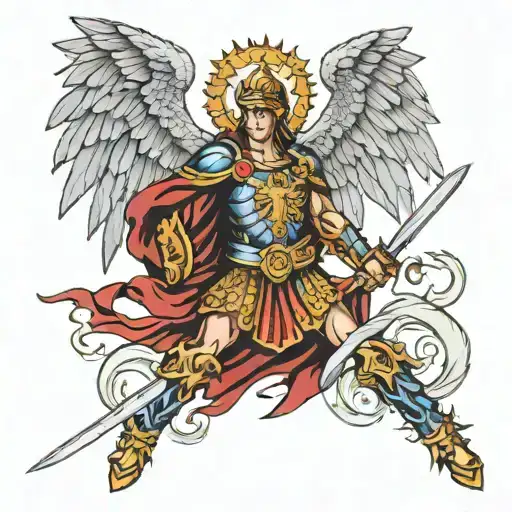 St. Michael with shild and sword surrounded tattoo design idea