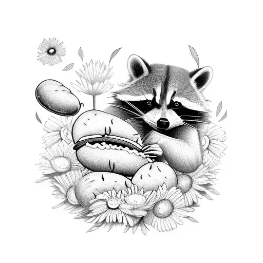 A playful tattoo of a racoon enjoying a hot dog picnic in a field of blooming flowers tattoo design idea