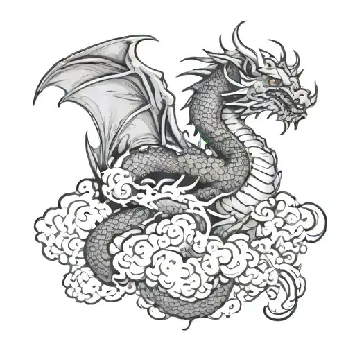 A black-grey tattoo of a storm cloud transforming into a majestic dragon tattoo design idea