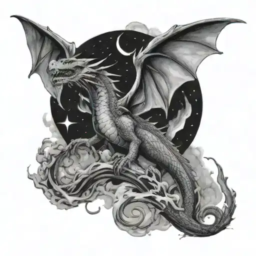 Hands reaching towards a dragon in the sky filled night sky tattoo design idea