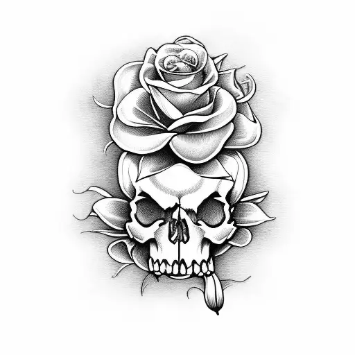 Black and Grey "Skull And Roses Funeral Lily" Tattoo Idea BlackInk AI