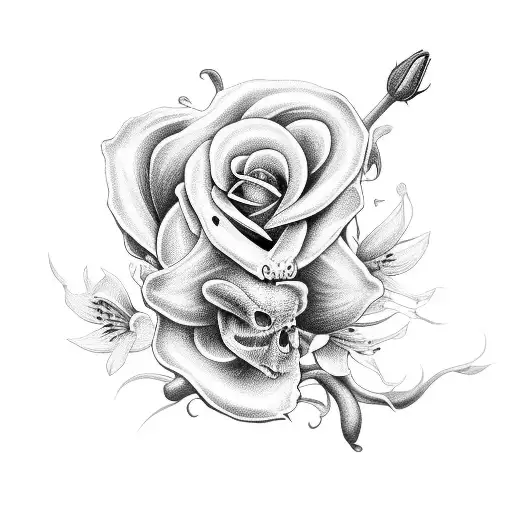 Black and Grey "Skull And Roses Funeral Lily" Tattoo Idea BlackInk AI