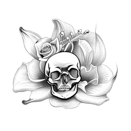 Black and Grey "Skull And Roses Funeral Lily" Tattoo Idea BlackInk AI