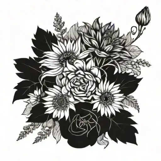 bouquet with rose, marigold, aster, cosmos tattoo design idea