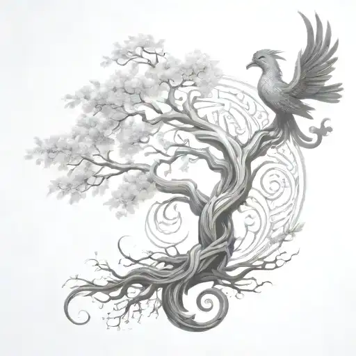 twisted tree of life with a phoenix tattoo design idea