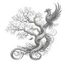 twisted tree of life with a phoenix tattoo design idea